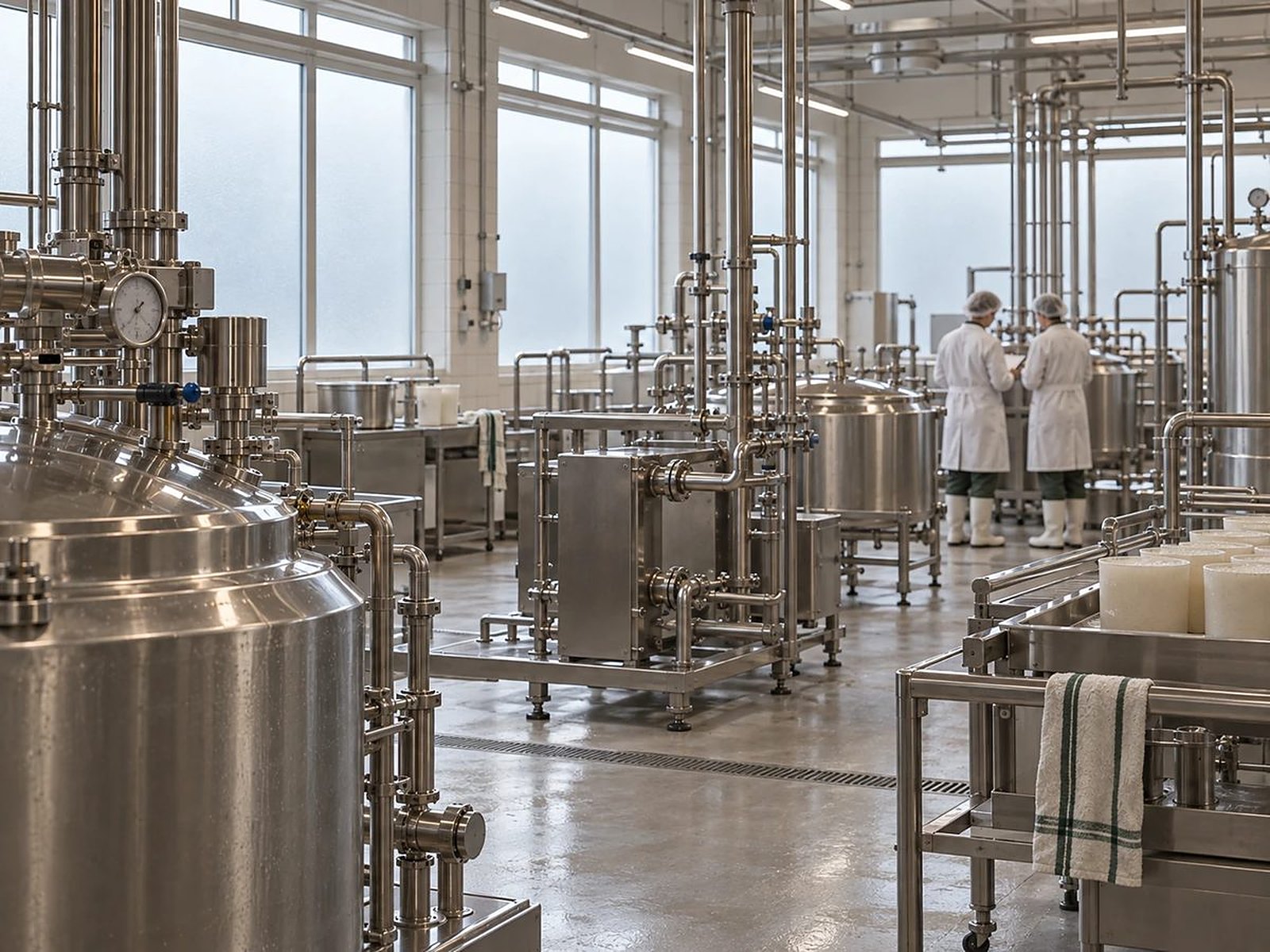 Dairy production hall with stainless steel tanks and two staff in protective clothing
