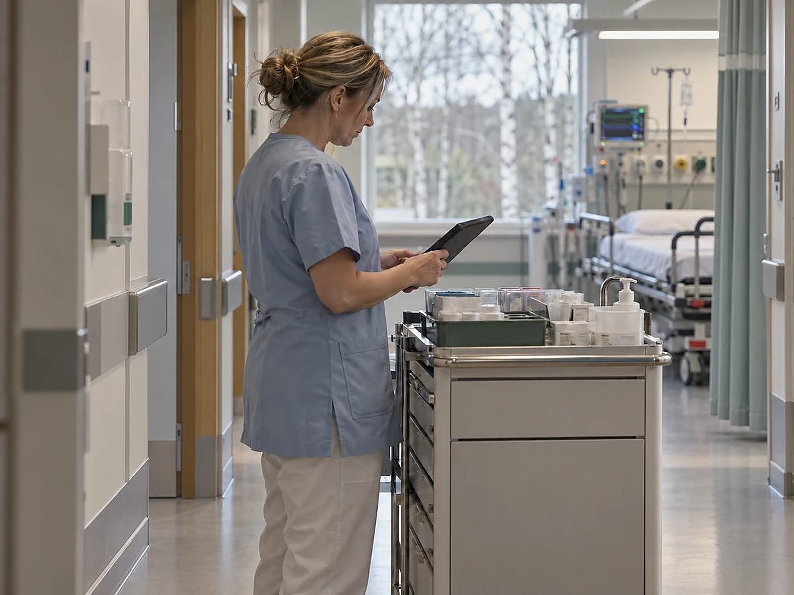 Nurse with a tablet beside a medication trolley in a hospital corridor