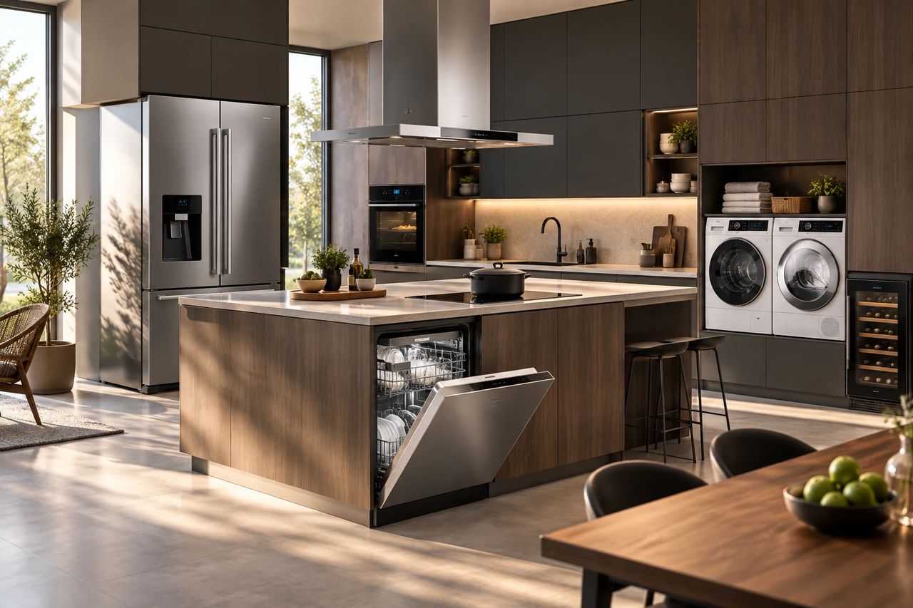 A modern kitchen with an open dishwasher and built-in appliances