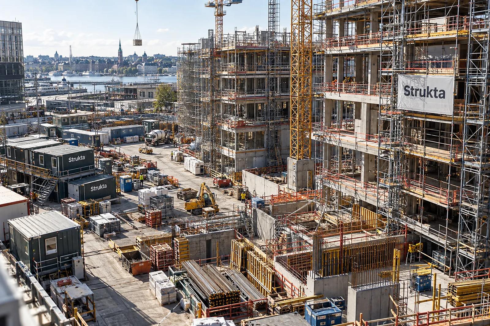 A large construction site with scaffolding and cranes by the water